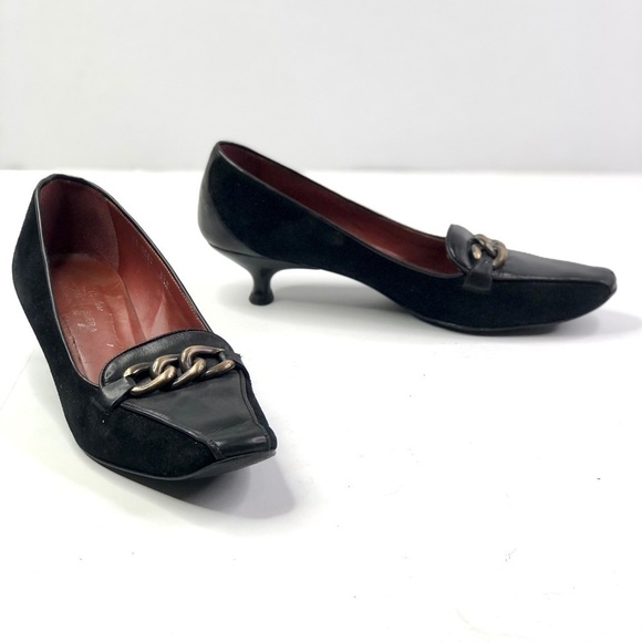 VINTAGE Donald. J. Pliner 12 GEES kitten heels brass chain suede and leather 8.5 - Picture 1 of 11